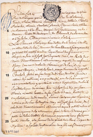 Copie des lettres d'amortissements concédées par Stanislas, duc de Lorraine, aux religieux du prieuré Notre-Dame de Bar, pour le moulin de Couchot, au faubourg de Bar, et d'une pièce de vigne (1757, 15 septembre Copie de 1758).