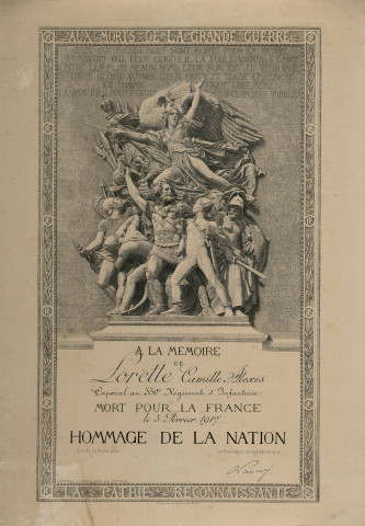 Documents hommage de la nation et mort pour la patrie relatifs à Camille Lorette.