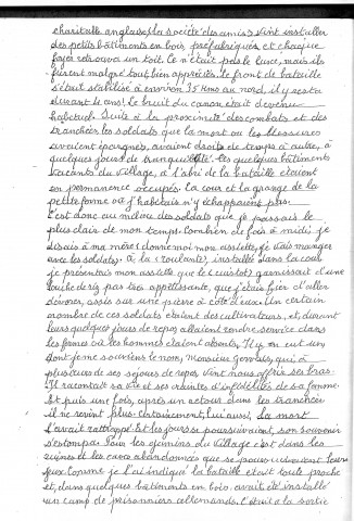Témoignage réalisé par Albertine Ferry sur la destruction de Villers-aux-Vents. Correspondances entre Gaston Vigrous et sa femme.