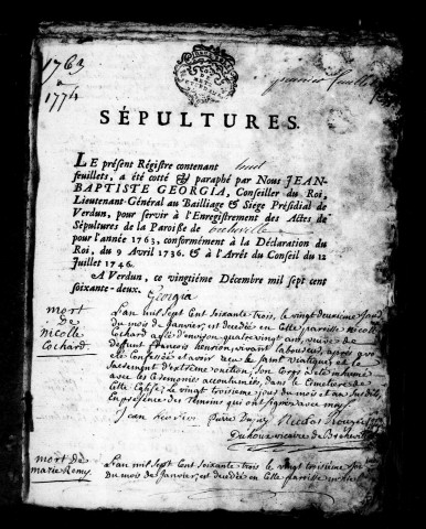 Baptêmes, Mariages, Sépultures (1763-1774)