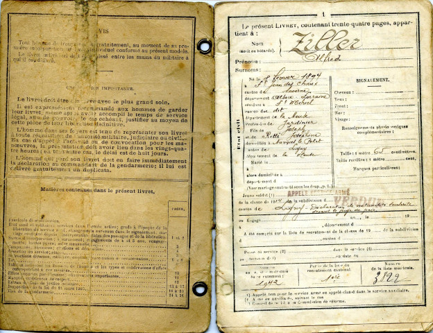 Registre militaire, certification de médaille de guerre, lettres relatifs à Alfred Ziller.