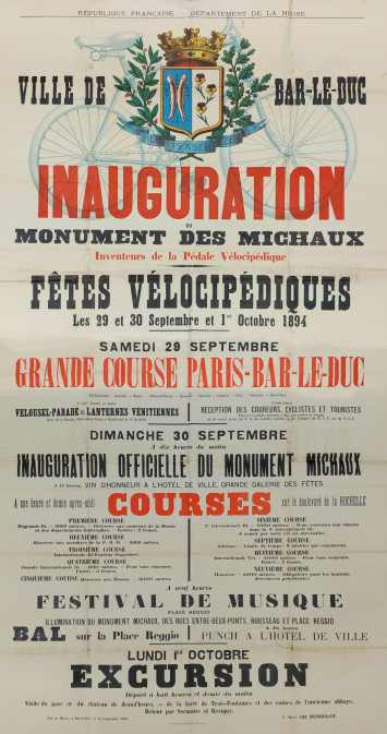 Affiche de l'inauguration du Monument Michaux en 1868.