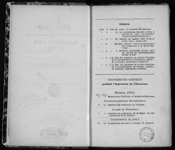 Annuaire administratif et statistique du département de la Meuse 1858