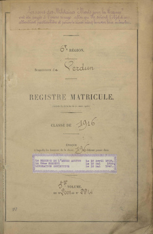 1916 - Registre matricules n° 2001-2223