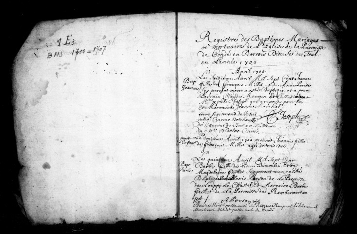 Baptêmes, Mariages, Sépultures (1700-1707)