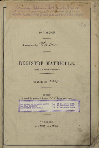 1915 - Registre matricules n° 1001-1500