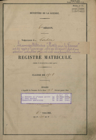 1918 - Registre matricules n° 1501-1970