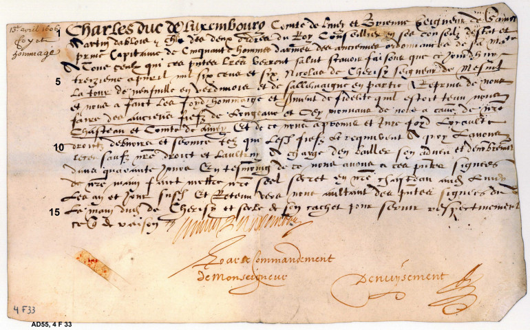 Lettres de fief délivrées par Charles II de Luxembourg-Ligny à Nicolas de Chérisey, seigneur de Ménil-la-Tour, pour les fiefs de Longeaux et Oëy.